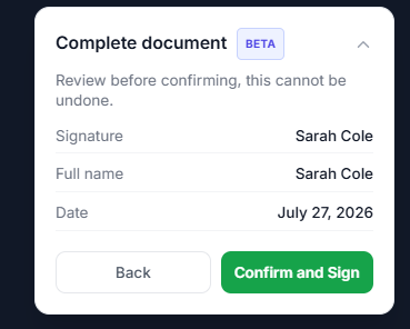 Review panel before confirming a signature, action cannot be undone
