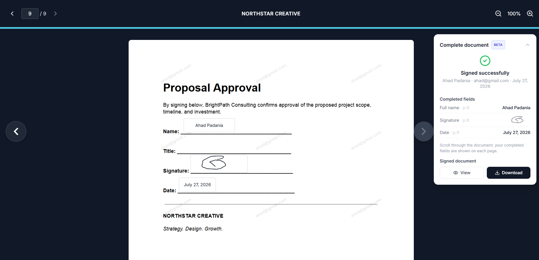 Completed document with signature status and download