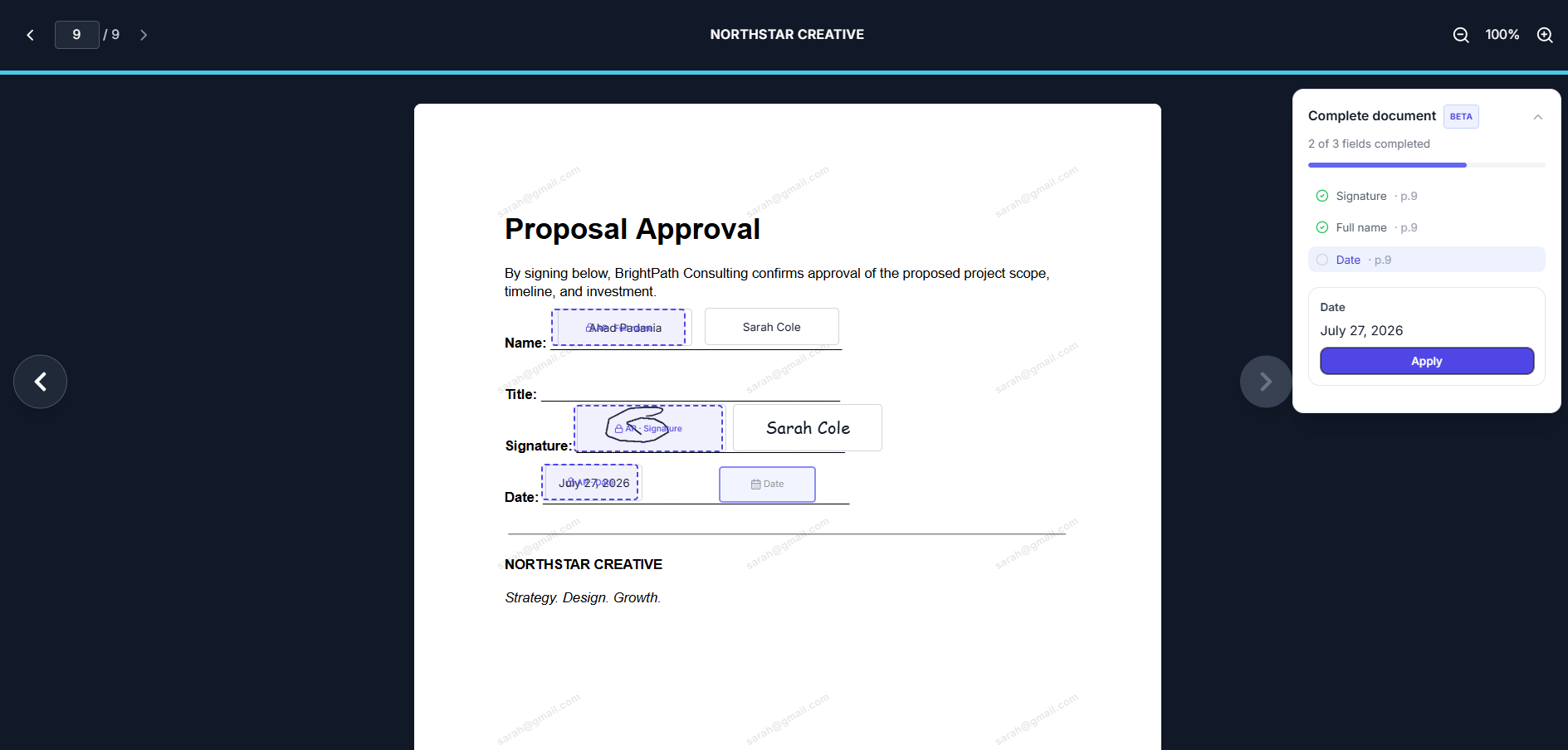 Document viewer with the signer's email watermarked diagonally across the page