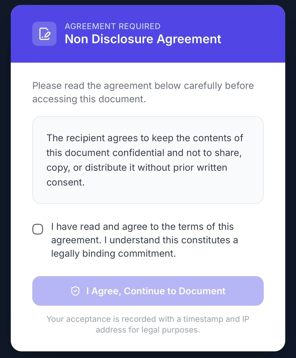 Agreement gate on a phone, requiring acceptance before the NDA opens