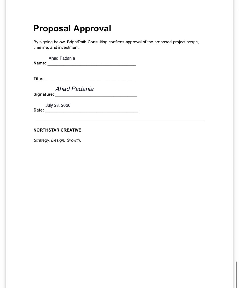 Scrolling through a completed, signed proposal on a phone