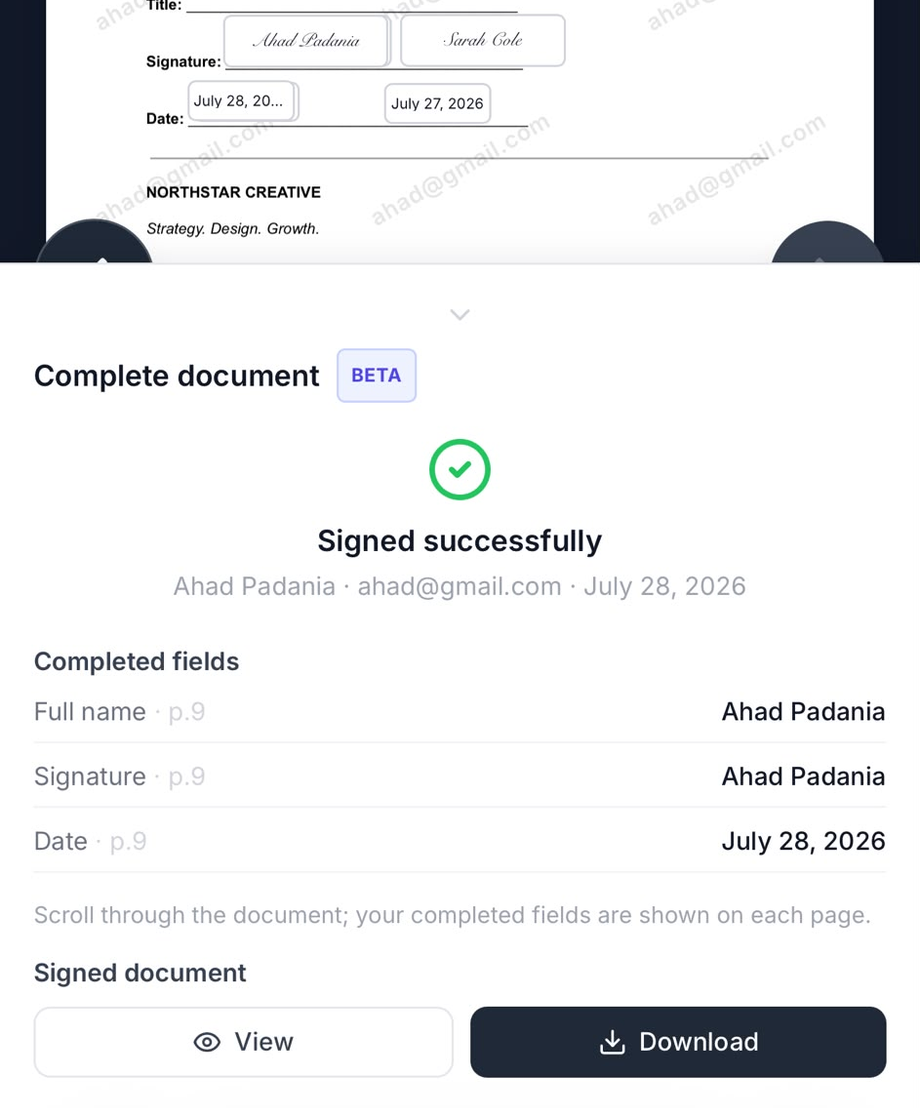 Signed successfully confirmation on a phone, no account required