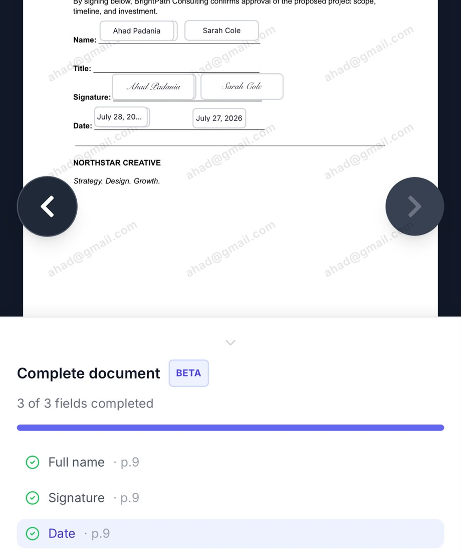 Phone mockup showing signing progress and a watermarked document