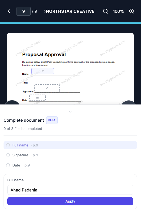 Recipient signing a PDF on a phone