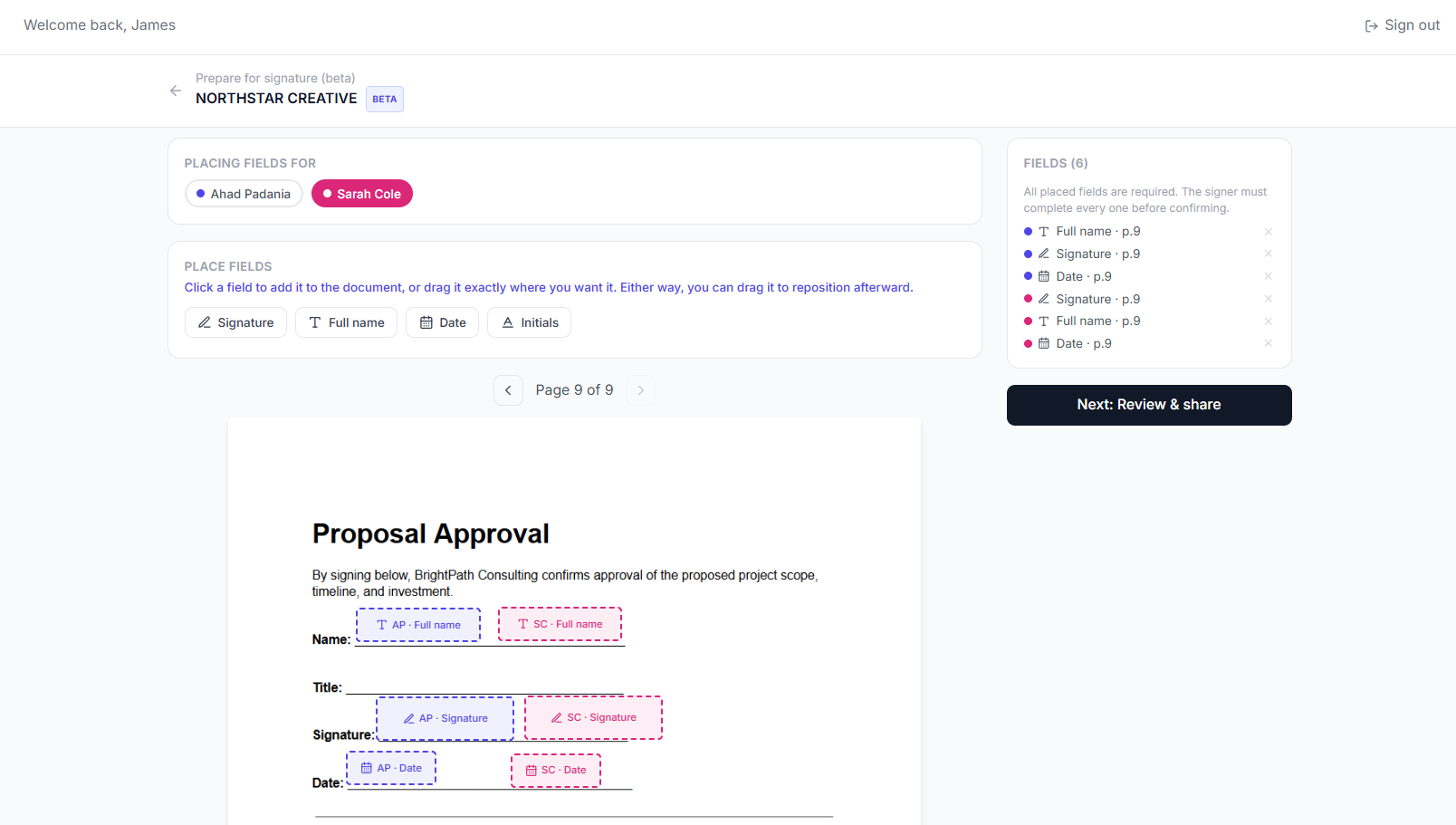 Fields assigned to two different signers, colour-coded per person