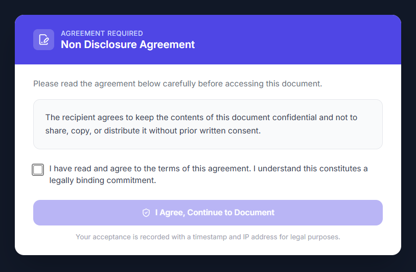Viewer-facing agreement gate requiring acceptance before the document opens
