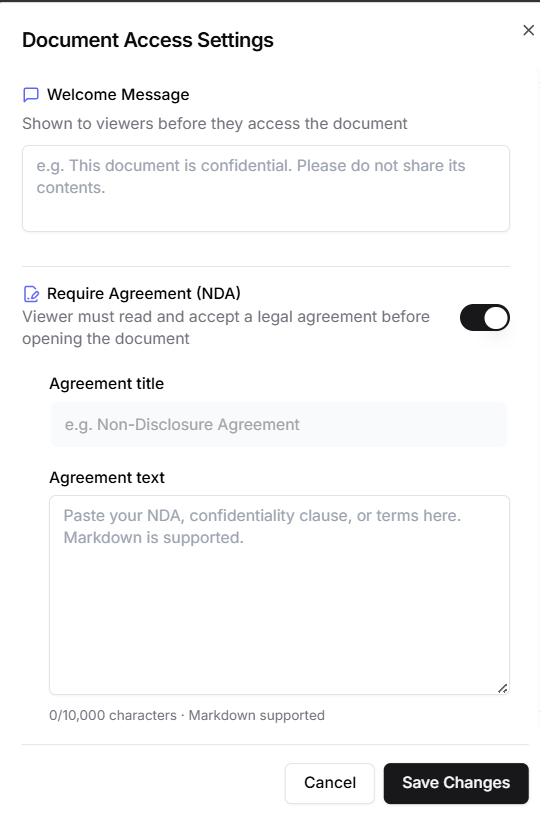 Document access settings with the Require Agreement NDA toggle enabled