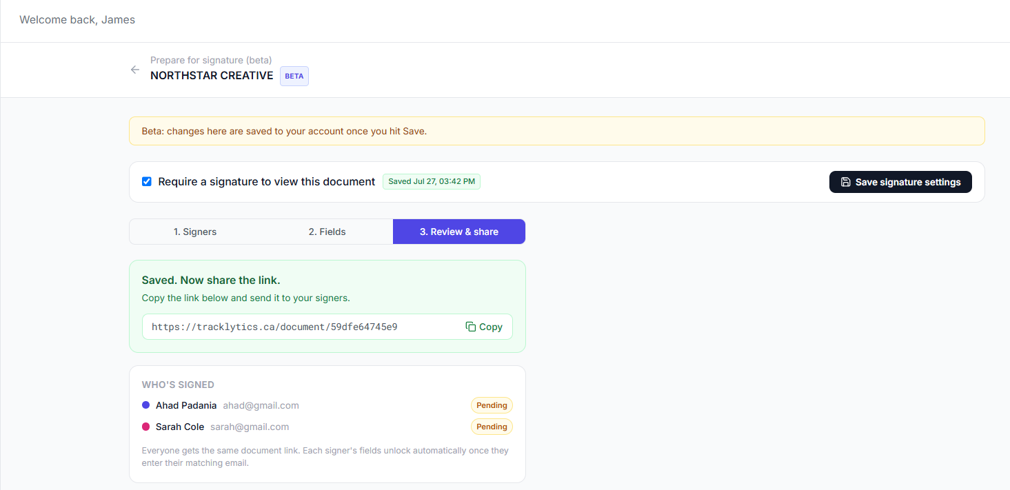 Sharing a document link and tracking who has signed