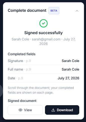 Signed successfully confirmation with view and download options